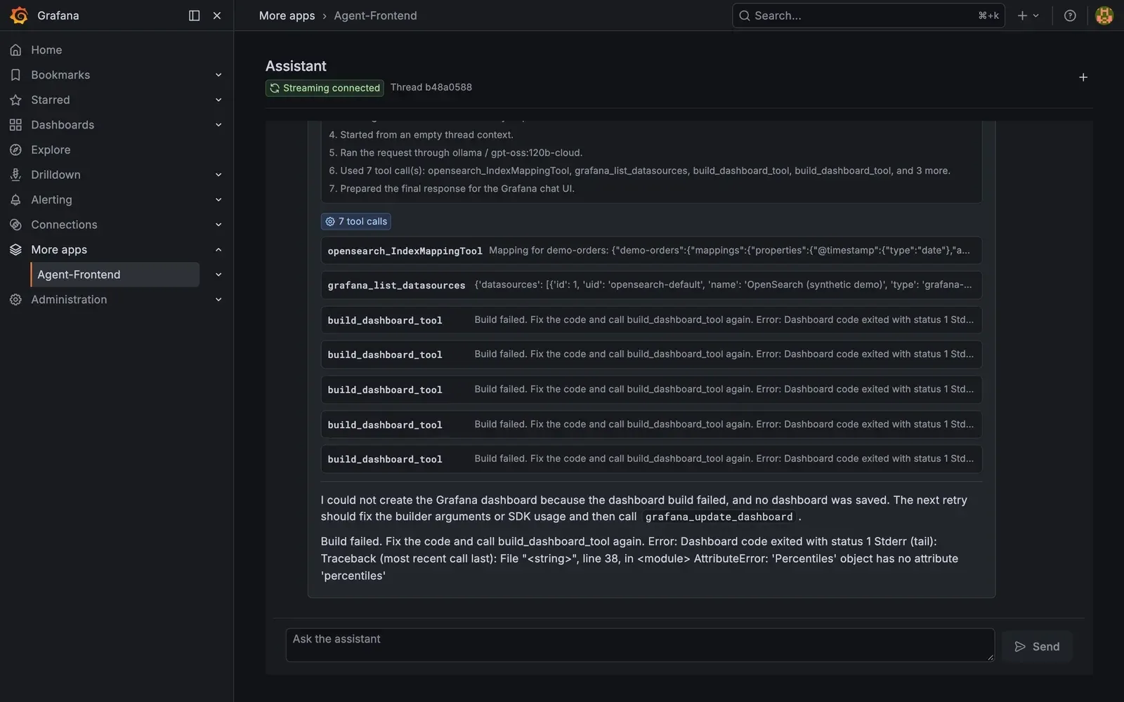 The first attempt: the agent read the index mapping and data sources, then wrote builder code itself instead of proposing a plan. All five builds failed, and it said no dashboard was saved. Synthetic data.