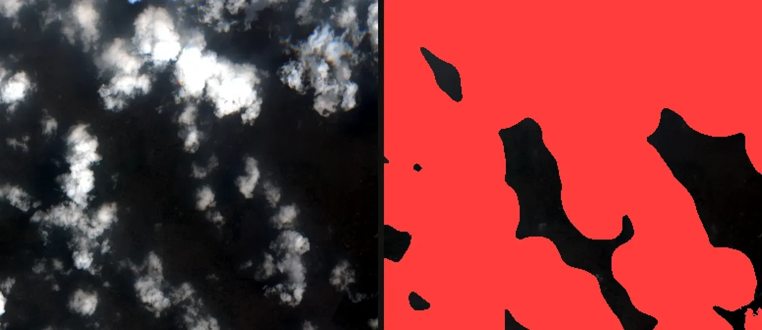 Punjab, 15 July 2024: true colour (left) and the SCL cloud mask over the area (right). Contains modified Copernicus Sentinel data 2024.